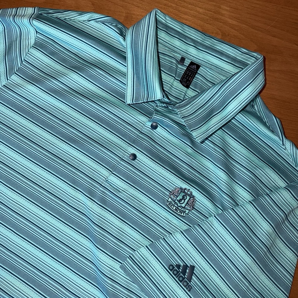 Adidas Mens Primegreen Polo Shirt X Large Short Sleeve Stripe Teal Blue Snap